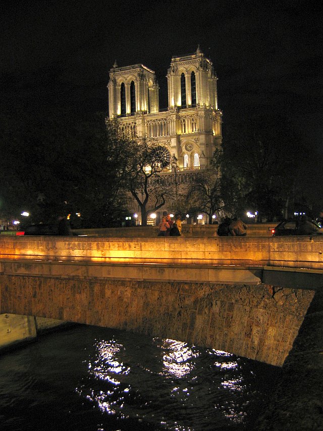 Pohled na noční osvětlenou katedrálu z druhého břehu Seiny